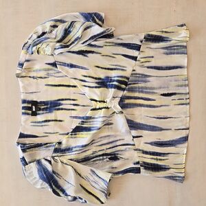 DKNY Blue and Yellow Abstract Blouse Puff Sleeves NWOT Large